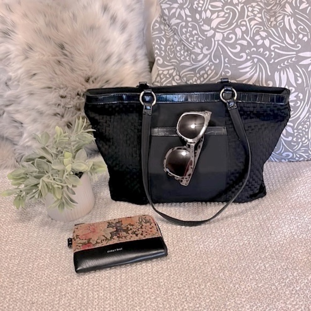 Coldwater Creek Black Woven Nylon Tote Purse & Pixie & Mood Make Up Bag